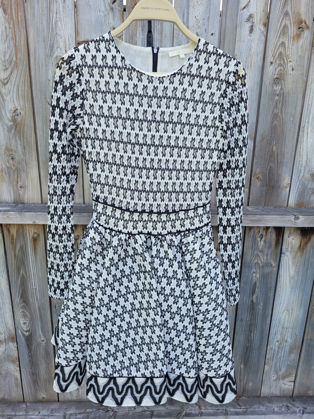 Maje Black and White Long-Sleeve Fit-and-Flare Knit Dress